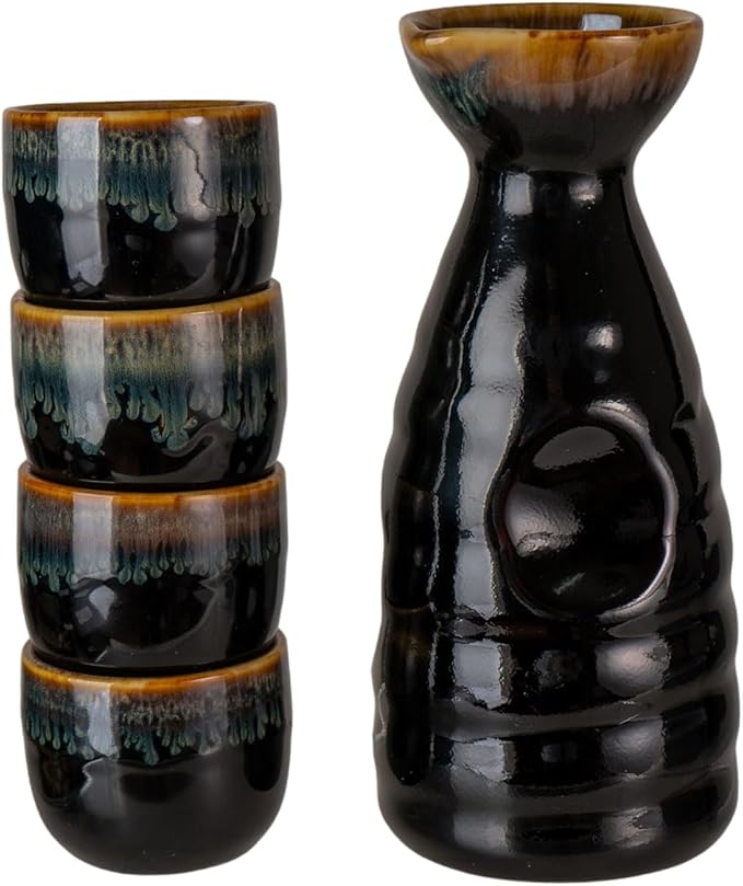 Urban Tokyo Japanese Sake 5 Piece Set Include 1 Sake Bottle and 4 Cups for Hot or Cold Sake Home or