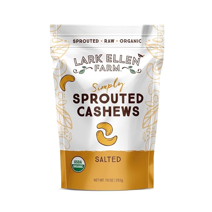 Lark Ellen Farm Sprouted Organic Certifed Cashews Unsalted - 10 oz Bag, Non GMO, Keto Snacks
