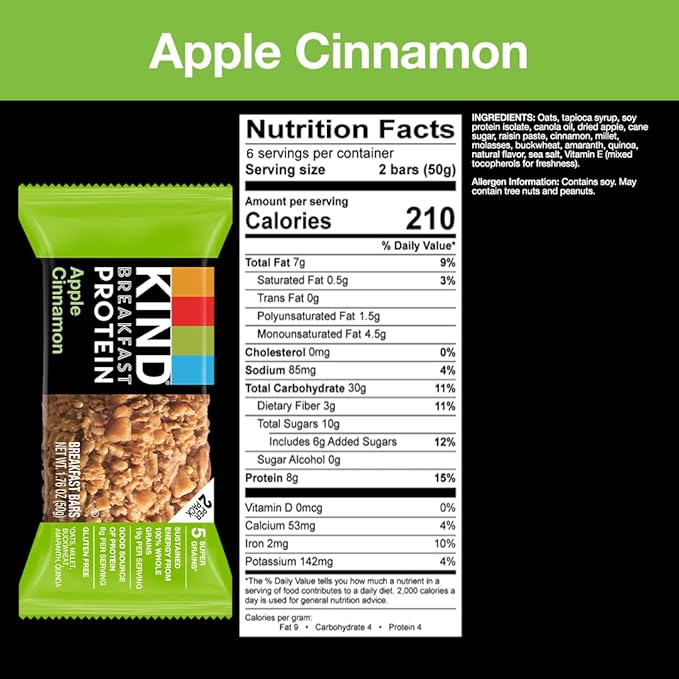 KIND Breakfast Protein, Healthy Snack Bar, Apple Cinnamon, Gluten Free Breakfast Bars, 8g Protein