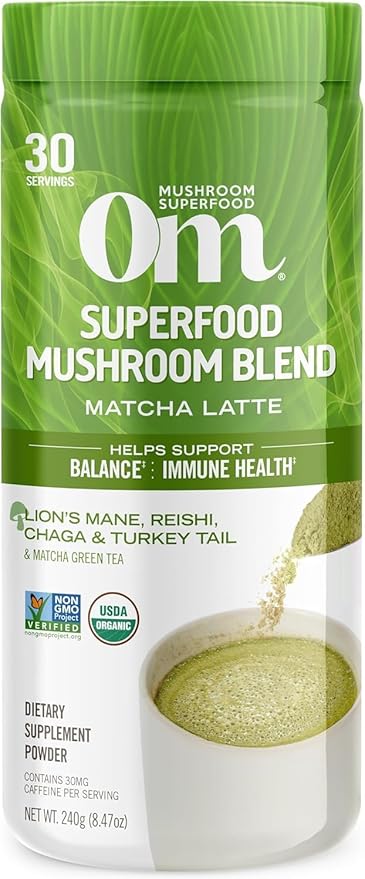 Om Mushroom Superfood Matcha Latte Blend Mushroom Powder, 8.47 Ounce Canister, 30 Servings, Green