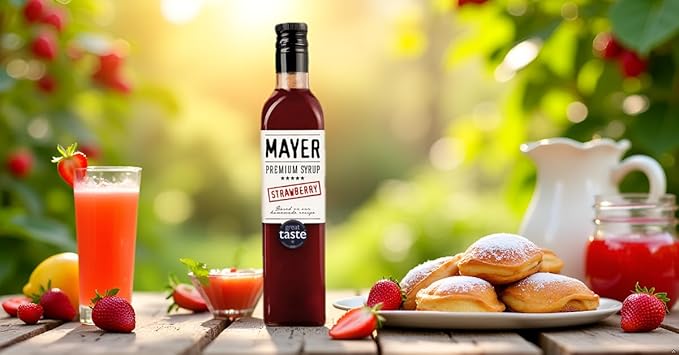 Mayer Premium Hungarian Strawberry Syrup ??Award-Winning Artisanal Strawberry Syrup, All Natural, Over 50% Real Strawberries, Vegan, Gluten-Free ??Ideal for Coffee, Desserts, Cocktails (16.9 oz)