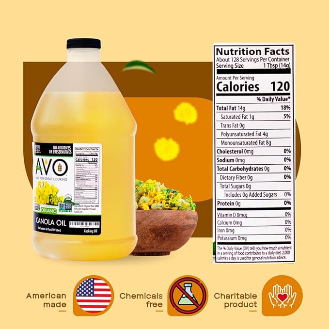 AVO ORGANIC CANOLA Oil Frying, Baking, Non-stick Saut챕ing, Salads, Vinaigrette, Marinades, Pan