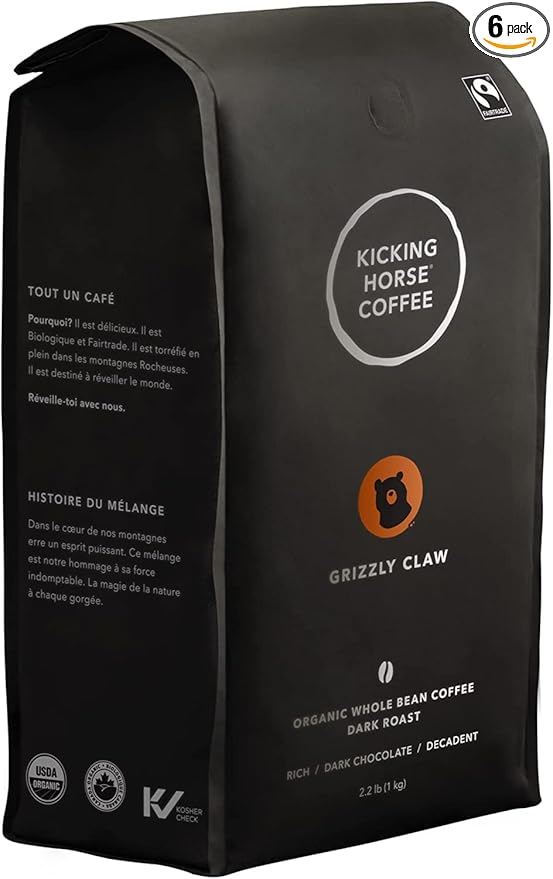 Kicking Horse Coffee Grizzly Claw, Dark Roast, Whole Bean, 1 Kg (Pack of 6) - Certified Organic