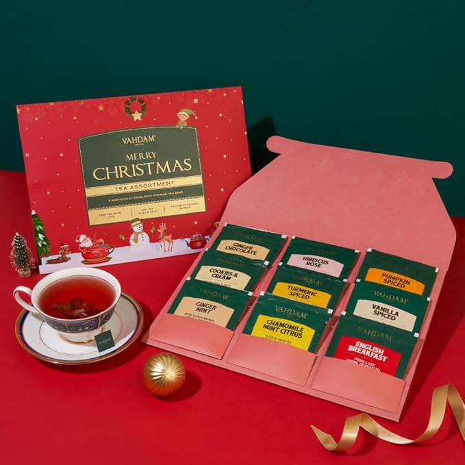 VAHDAM, Merry Christmas Tea Gift Set (9 Individually Wrapped Tea Bags) Limited Edition -Gluten
