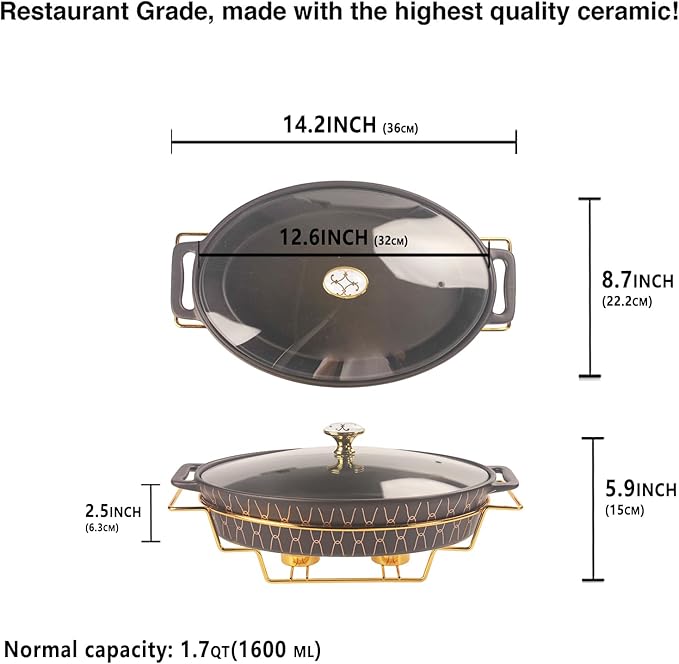 12" x 8" Ceramic Oval Casserole Dish with Glass Lid and rack, 1.7 Quart Serving Soup Tureen,Chafing