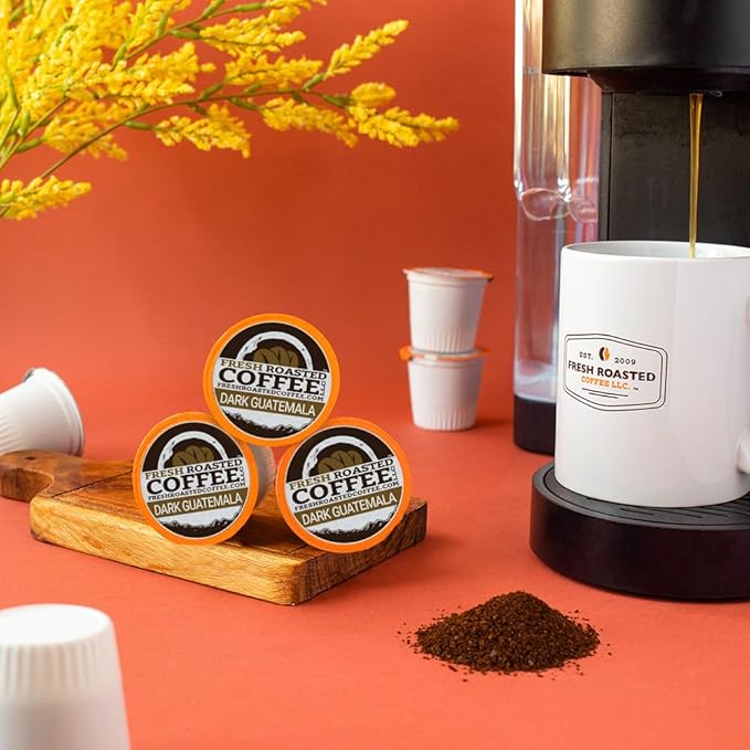 Fresh Roasted Coffee, Dark Guatemala Huehuetenango, Dark Roast, 72 Pods for K Cup Brewers