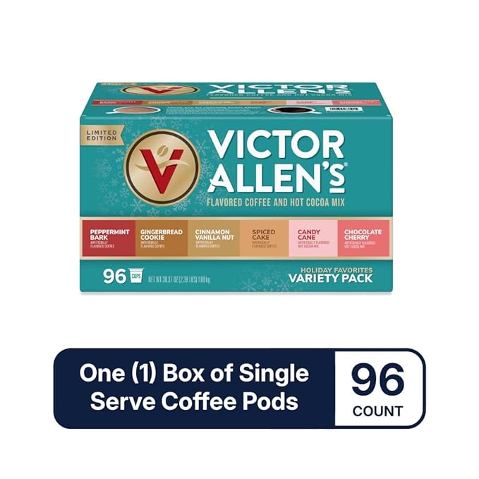 Victor Allen's Coffee Holiday Favorites Coffee & Hot Cocoa Variety Pack, 96 Count, Single Serve