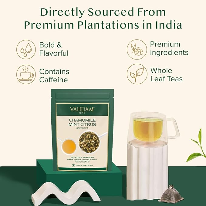 VAHDAM, Chamomile Mint Citrus Green Tea Leaves (50+ Cups, 3.5 oz) Essential Herbs | Green Tea