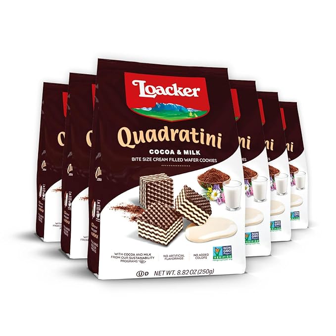 Loacker Quadratini Cocoa & Milk Wafer Cookies LARGE - 30% Less Sugar - Premium Crispy Bite Size