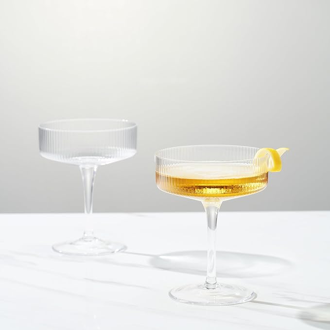 Khen Ribbed Vintage Art Deco Coupe Glasses - Martini, Champagne & Cocktail Ribbed Glasses 12oz |