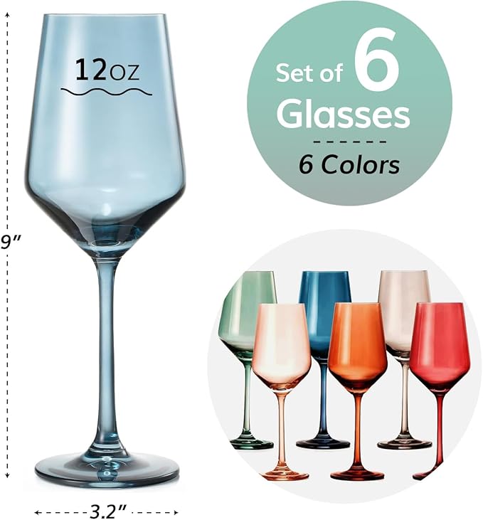 Colored Crystal Wine Glasses - Water & Wine 12oz | Set of 6 | Cute Pastel Muted Crystal Cocktail