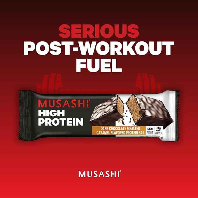 MUSASHI High Protein Bar, 45g Protein, <1g Total Sugars, Dark Chocolate & Salted Caramel, Post