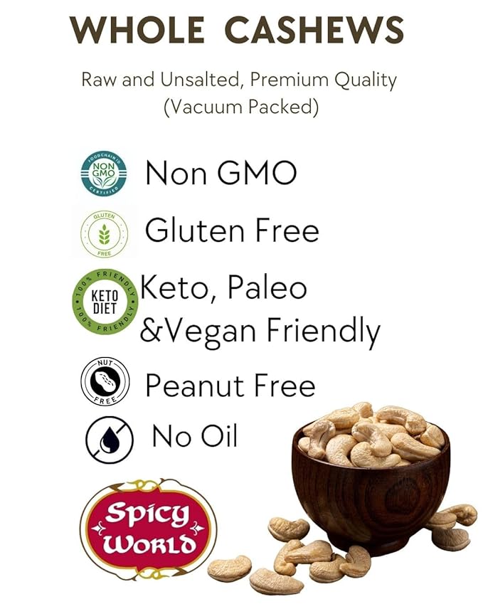 Spicy World Raw Cashews 5 LB (80oz) Bulk - Non-GMO, Gluten Free, Peanut Free, No Additives