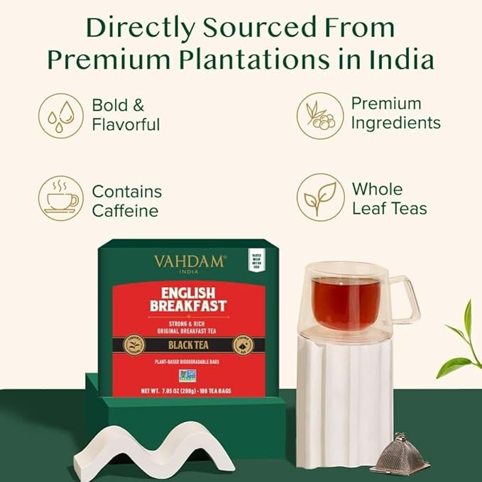 VAHDAM, English Breakfast Black Tea Bags (100 Count) High Caffeine | Strong, Robust & Flavoury |