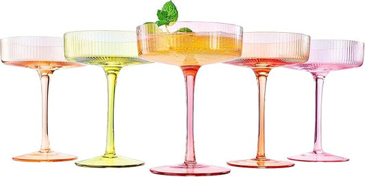 Khen Pastels Colored Vintage Art Deco Coupe Glasses - Martini, Cocktail & Champagne Ribbed Glasses