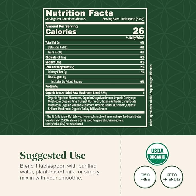 Global Healing Organic Mushroom Powder Supplement Blend 9.5 Ounces - Cordyceps, Chaga, Reishi