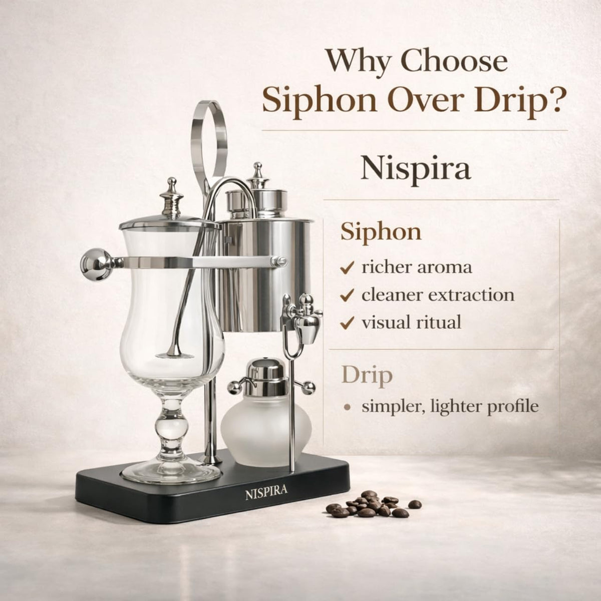 Nispira Belgian Balance Syphon Vacuum Coffee Maker, 500 ml Vintage Gravity Brewing System, Silver