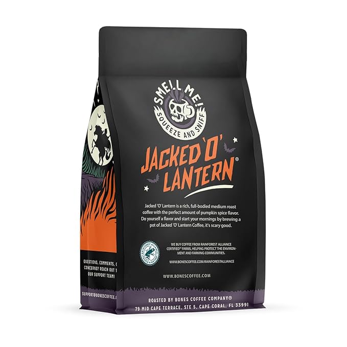 Bones Coffee Company Jacked 'O' Lantern, Pumpkin Spice Flavored Coffee, Medium Roast Low Acid