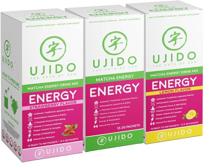 Ujido Matcha Energy Packets, Strawberry Flavor, Sugar-Free, Monkfruit, Non-GMO, Antioxidant, Keto &