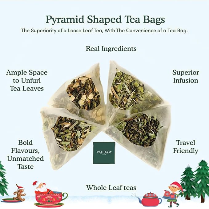 VAHDAM, Merry Christmas Tea Gift Set (9 Individually Wrapped Tea Bags) Limited Edition -Gluten