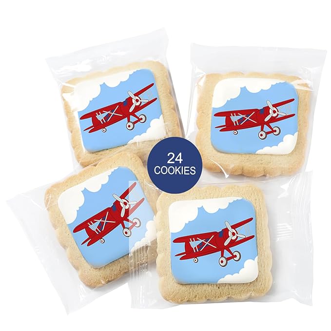 Airplane Cookies Theme 24 Pack Cookies Individually Wrapped | Red Glider Blue Sky Clouds Treats