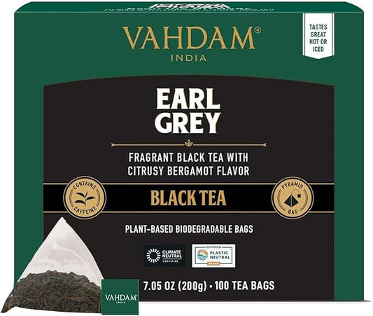 VAHDAM, Earl Grey Black Tea Bags (100 Count) Medium Caffeine, Non GMO, Gluten Free | Citrus