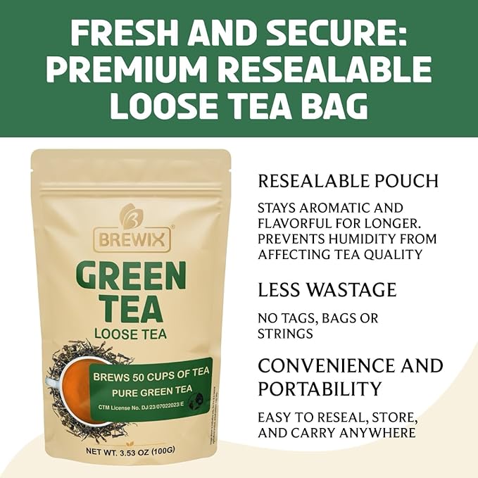 BREWIX, Green Tea Loose Leaf (50+ Cups, 3.53oz/100g) Gluten Free I High Elevation Grown Green Tea