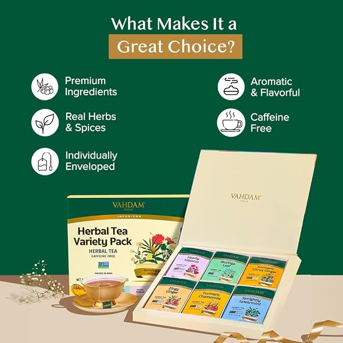 VAHDAM, Herbal Tea Sampler (36 Tea Bags, 6 Flavors) Caffeine-Free, Non-GMO | Assorted Tea Sampler