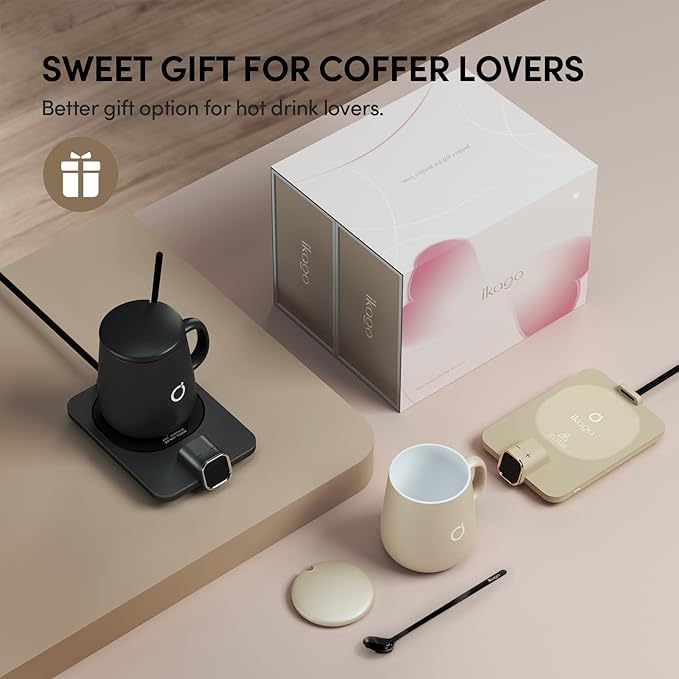 2Pcs Heated Coffee Mug Warmer & Mug Set - Heated Mug Warmer Plate with Auto Shut Off, 1°F Precise