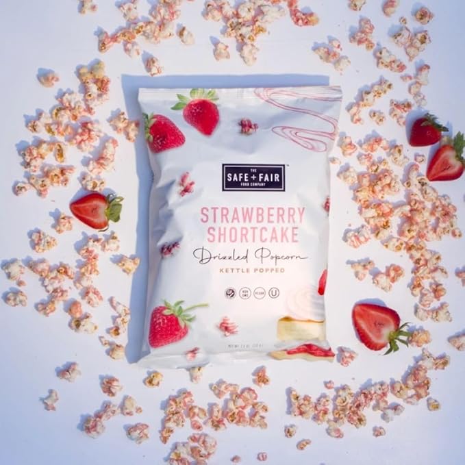 Safe + Fair Plant-Based Gourmet Strawberry Flavored Popcorn - Strawberry Shortcake Drizzled Kettle