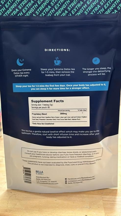 Bella All Natural Extreme Detox Tea - Body Cleanse, Colon Cleanser & Detox, Natural Herbs, 3.17