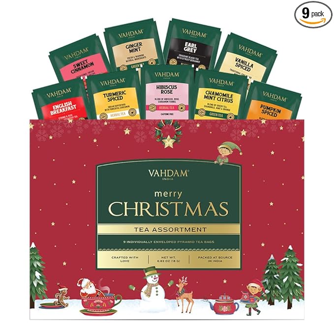VAHDAM, Merry Christmas Tea Gift Set (9 Individually Wrapped Tea Bags) Limited Edition -Gluten