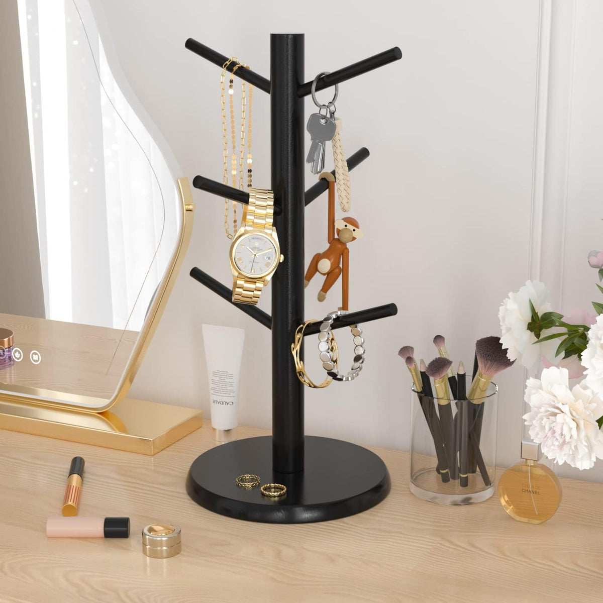 Coffee Mug Holder with 6 Hooks, Bamboo Mug Tree Stand for Countertop, Black