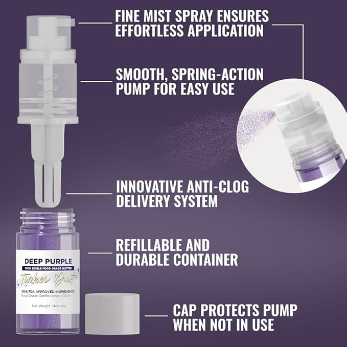 Bakell - Deep Purple Tinker Dust (4g, 1x Mini Spray Pump) Edible Glitter for Food, Desserts, and