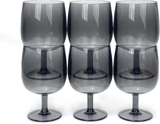Yalin Set of 6 Unbreakable 12 oz Acrylic Plastic Wine and Water Tumbler Stackable Goblets. (Gray
