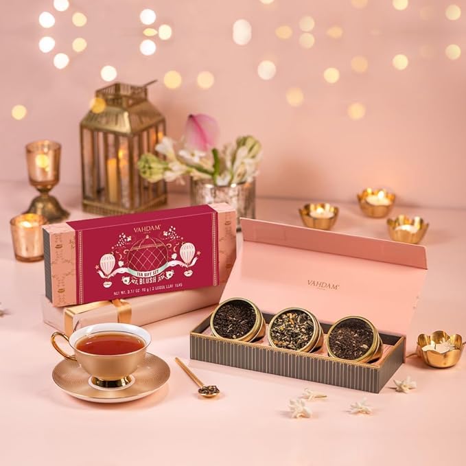 VAHDAM, BLUSH - Assorted Tea Gift Set for Women (3 Premium Teas) Tin Caddy Presentation Box | Loose
