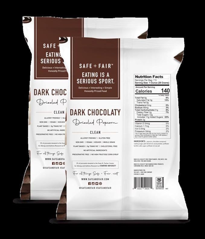 Safe + Fair Kettle Popped Gourmet Popcorn, Vegan Dark Chocolaty Drizzle, Free From Top 9 Allergens