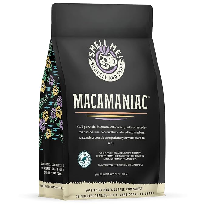 Bones Coffee Company Macamaniac, Macadamia and Coconut Flavored Coffee, Medium Roast Low Acid