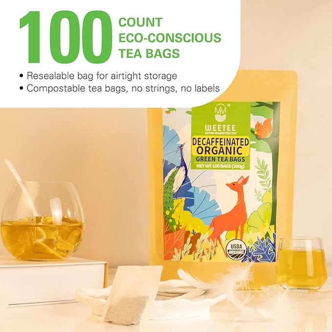 WT WEETEE Organic Decaf Green Tea Bags, Organic Green Tea 100 Count | CO2-Decaffeinated | Super