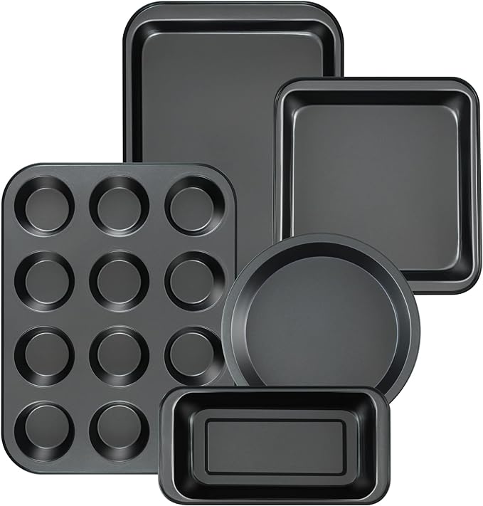 Kitchen 5-Piece Nonstick Bakeware Set - Round/Square Cake Pans, Muffin Pan, Loaf Pan, Roast Pan &