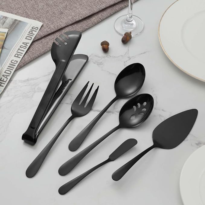 BEWOS Black 20-Piece Serving Set, Black Slotted Spoons & Tongs, Forks, Cake Server & Butter Knife