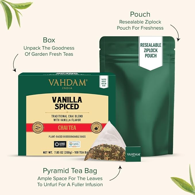 VAHDAM, Vanilla Spiced Chai Tea | 100 Tea Bags | Delicious Blend of Vanilla Masala Chai | Brew Hot