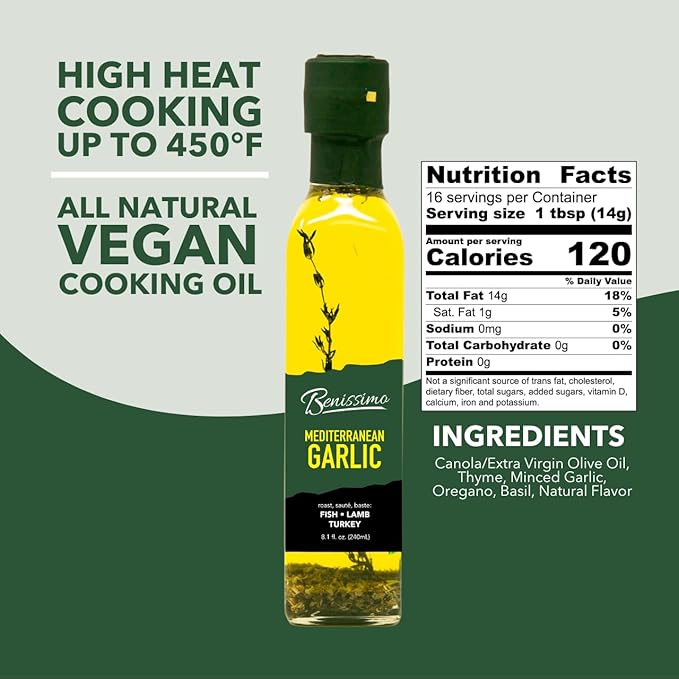 Benissimo Mediterranean Garlic Infused Oil, All Natural Gourmet Cooking Oil with Fragrant