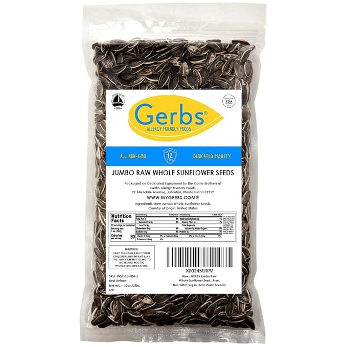 Gerbs Jumbo Raw Whole Sunflower Seeds 2 lbs. | No Additives, Shell-On, Resealable Bag |