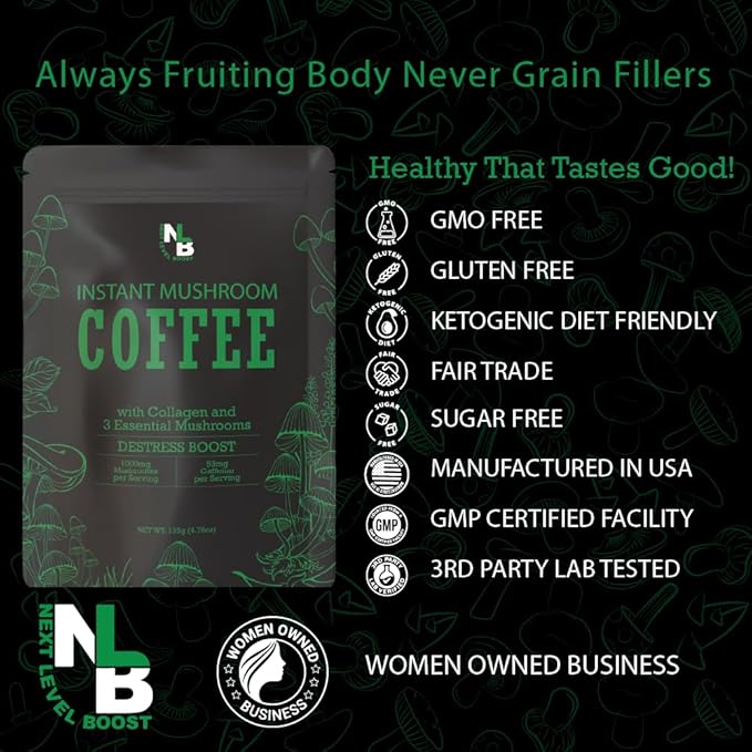 Destress Boost Organic Mushroom Instant Coffee - 135g, 15 Servings Pouch - Healthy Coffee