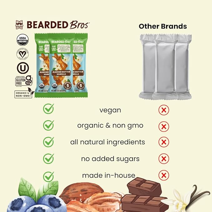 Bearded Brothers, Organic Vegan Protein Energy Bars, Almond Butter Vanilla (12 Pack) - Gluten Free