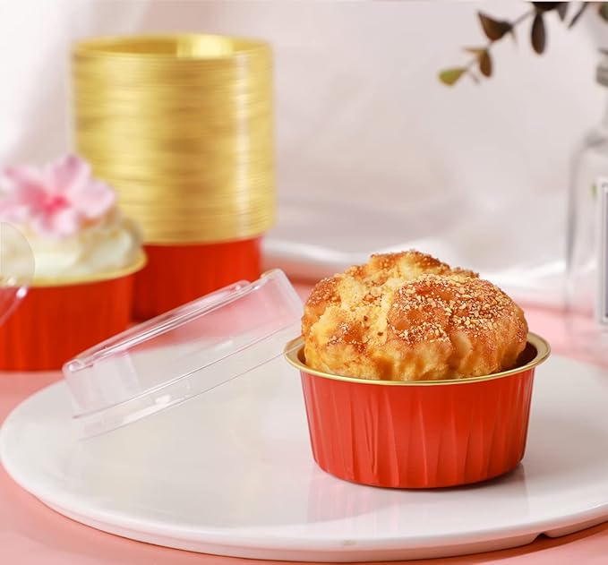 EUSOAR Dessert Cups with Lids, 30pcs 5oz Disposable Aluminum Tin Foil Ramekins Cupcake Baking Cups