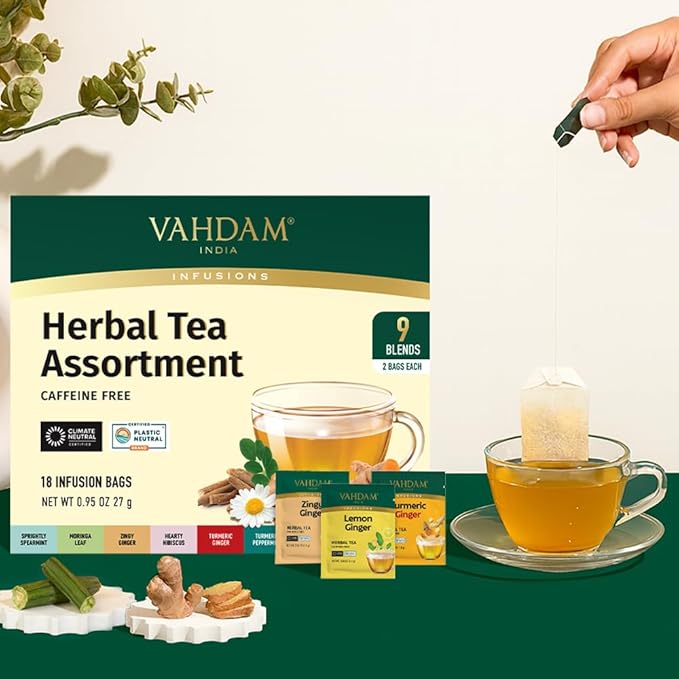 VAHDAM, Assorted Herbal Tea Sampler (18 Tea Bags, 9 Flavors) Caffeine-Free, Non-GMO | Double