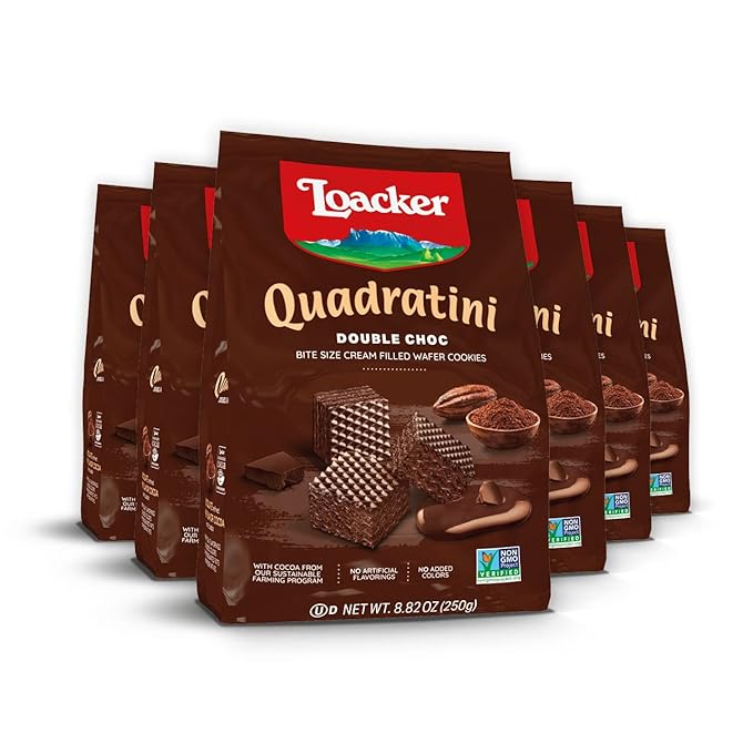 Loacker Quadratini Double Choc Wafer Cookies LARGE - 30% Less Sugar - Premium Crispy Bite Size