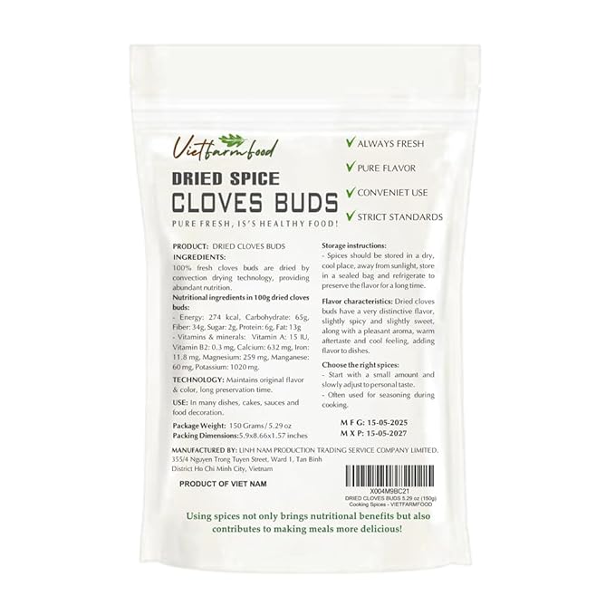 DRIED CLOVE BUDS 5.29 Oz (150g) VIETFARMFOOD: Natural pure, convection dried seasoning made from